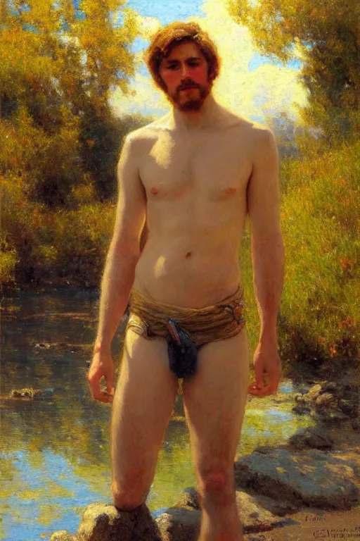 Prompt: attractive man by a river, bright sunlight, oil covered skin, painting by gaston bussiere, craig mullins