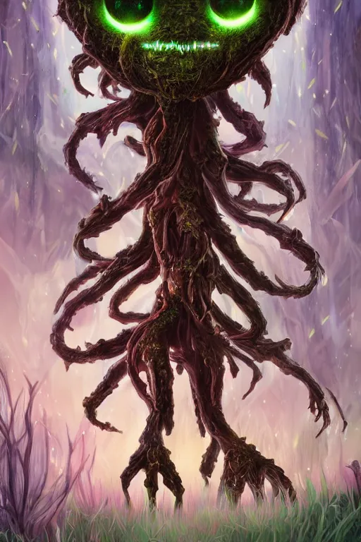 Prompt: a glowing humanoid figure plant monster with large eyes, highly detailed, digital art, sharp focus, trending on art station, moss, anime art style