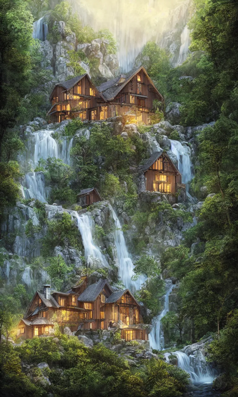 Image similar to beautiful large scandinavian house in the forest on a hill, a large waterfall flows down from the mountain in the background, vector art, fabulous, hyper detailed, random cinematic view, no noise, global illumination, warm lighting, volumetric, godrays, vivid, by jordan grimmer