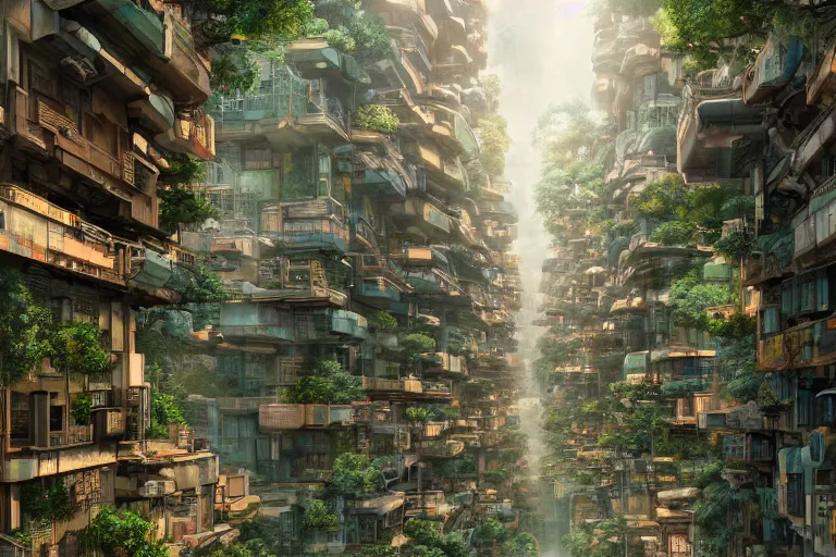 Prompt: solarpunk kowloon walled forest city, still from studio ghibli anime movie, cyberpunk tree house, walkways, bridges, pedestrians, robots, rivers, digital art, artgerm, trending on artstation