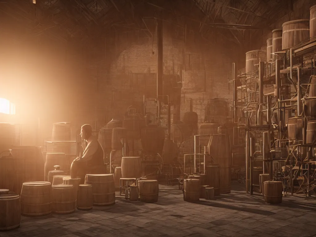 Image similar to sitting on a small wooden stool a large man sips a tiny tumbler of whisky in a whisky factory with barrels stacked up to the sealing. beautiful atmospheric lighting, sunlight beaming through open windows, small dust particles in the air. unreal engine 5, v - ray, 8 k, ultra hd, god rays.