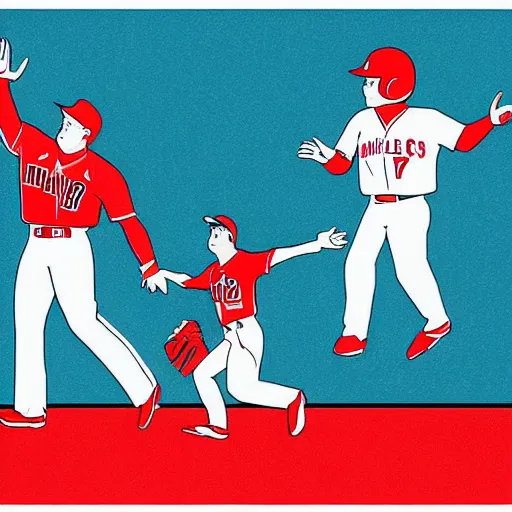 Image similar to mike trout and shohei ohtani holding hands and ascending towards the sky, drawing in the style of a new yorker cartoon