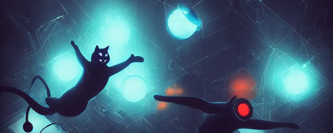 Prompt: duotone noir scifi concept illustration of black cat inside m box glowing 3 d mesh quantum portals particles mesh, glowing eyes, octane render, surreal atmosphere, volumentric lighting. accidental renaissance. by sachin teng and sergey kolesov and ruan jia and heng z. graffiti art, scifi, fantasy, hyper detailed. trending on artstation