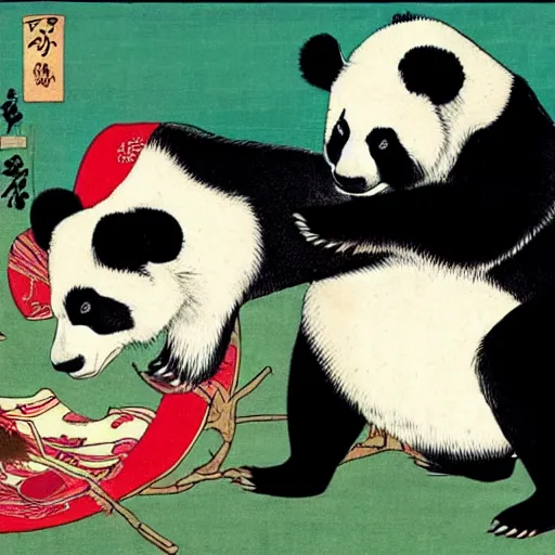 Image similar to a panda and moose kissing, shunga style, ukiyo - e art, artstation