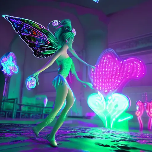 Image similar to neon fluorescent, iridescent beautiful fairies cyperpunk 2 0 7 7, unreal engine 5, 8 k ultra realistic, hyperdetailed, volumetric lighting, extremely high quality