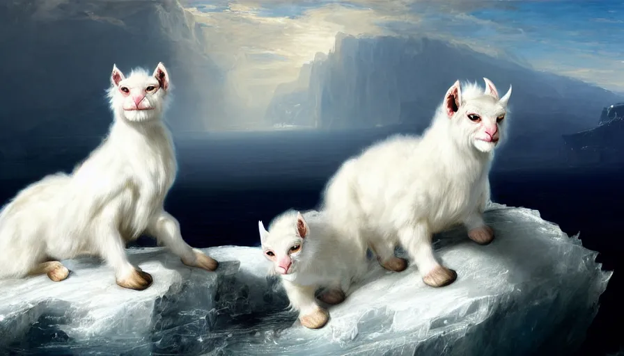 Image similar to highly detailed painting of white giant majestic chimera goat kitten seals on a blue and white iceberg by william turner, by greg rutkowski, by william constable, thick brush strokes and visible paint layers, 4 k resolution
