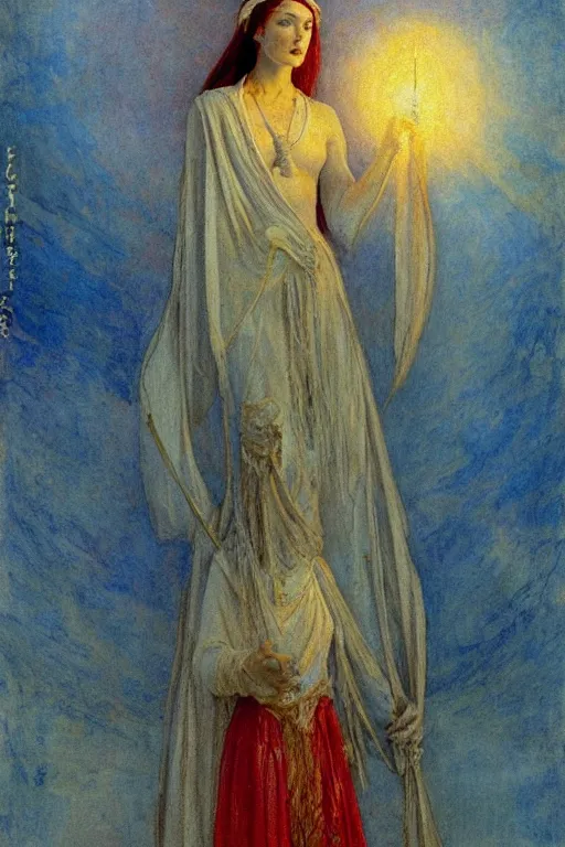 Image similar to queen of the fog with her lantern by Annie Swynnerton and Nicholas Roerich and jean delville, strong dramatic cinematic lighting , ornate headdress , flowing robes, lost civilizations, smooth, sharp focus, extremely detailed