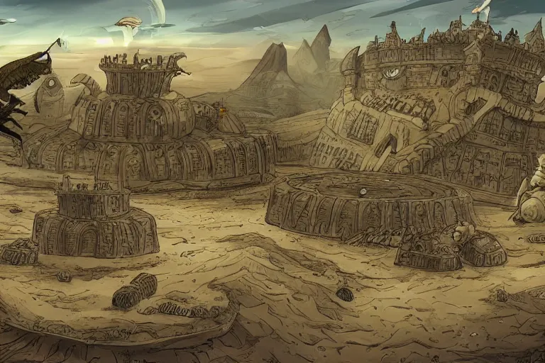 Image similar to a land outside of time and space with floating sands and flying beasts with a Fort in the middle and water tunnels below, a man standing watching over, comic book style