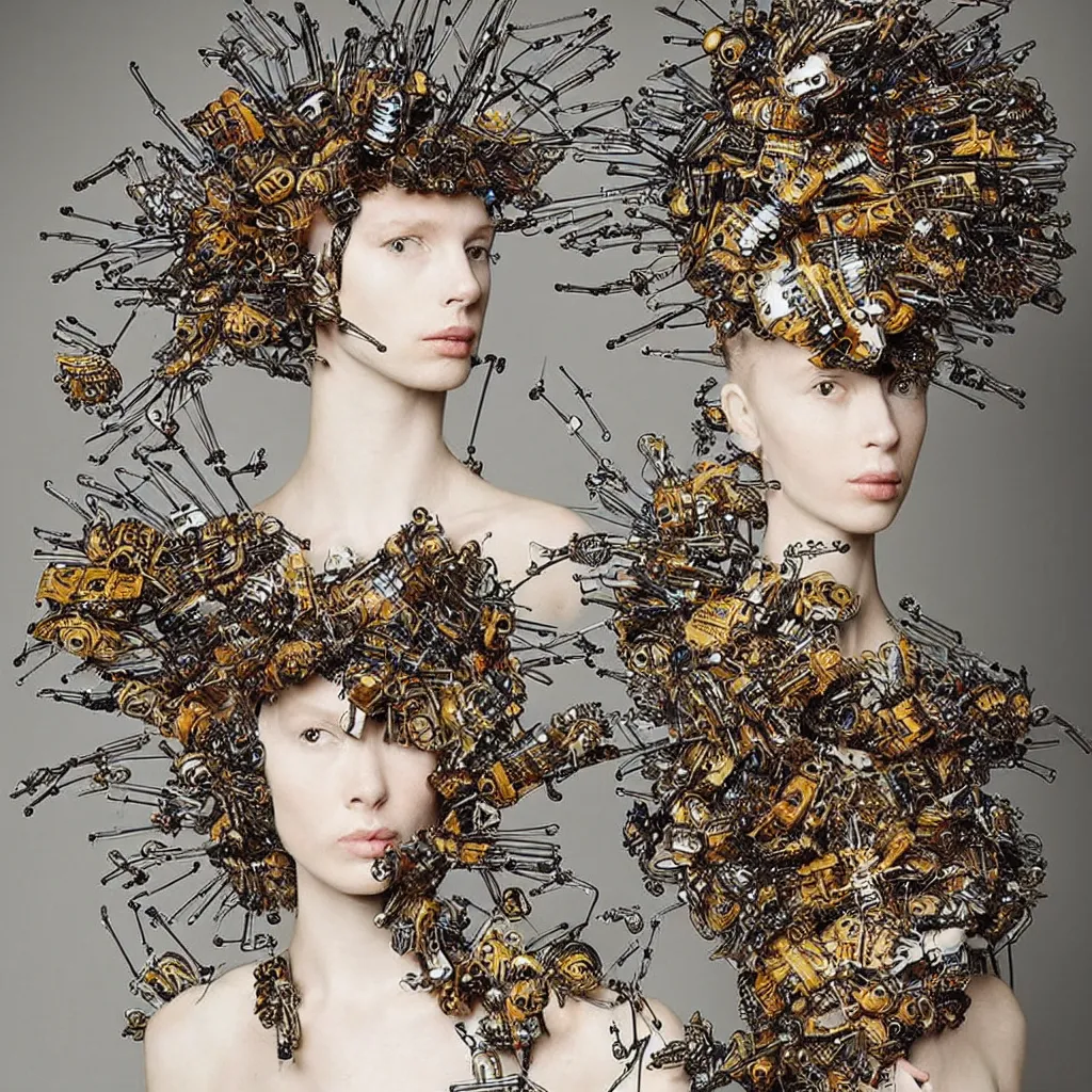 Image similar to a woman with a weird head piece on her head, a flemish Baroque by Alexander McQueen, trending on pinterest, panfuturism, made of paperclips, made of insects, made of feathers,