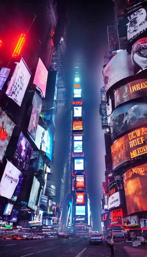 Image similar to 8k high resolution photograph of cyber punk New York Times Square on a foggy night, futuristic, wires hanging across the street, flying cars