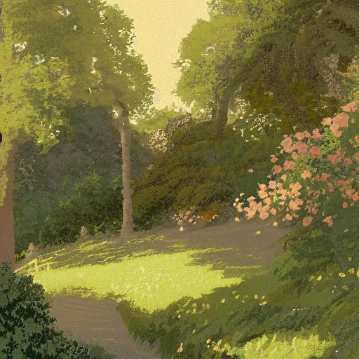 Image similar to An illustration of a beautiful landscape, with delicate brushstrokes. peaceful & serene summer, with a gentle breeze blowing through the trees and flowers. colors are muted & gentle, calm & tranquility. well balanced & harmonious. color & composition, pleasing to the eye & calming to the soul. pixel art by Albrecht Anker, by Greg Rucka casual,