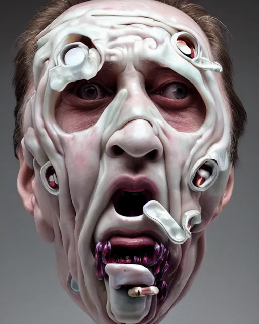 Prompt: a massive porcelain sculpture in an psychosphere of nicholas cage's face spewing cybertronic bones from his mouth, in the style of johnson tsang, funny sculpture, lucid dream series, oil on canvas, francis bacon