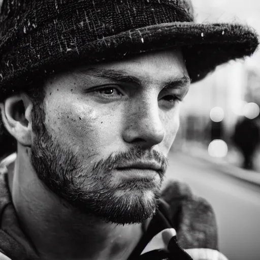 Image similar to black and white fashion photograph, highly detailed portrait of a depressed white drug dealer sitting on a busy street, looking into camera, eye contact, natural light, rain, mist, lomo, fashion photography, film grain, soft vignette, sigma 85mm f/1.4 1/10 sec shutter