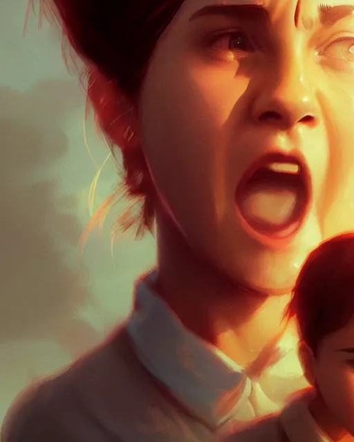 Image similar to emma watson yelling at xi jinping, medium shot close up, details, sharp focus, illustration, by jordan grimmer and greg rutkowski, trending artstation, digital art