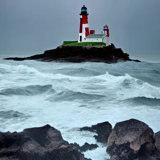 Prompt: cthulhu rising from the ocean during thunderstorm lightning flashing a lighthouse on a rocky beach is in the foreground - w 1 0 2 4 - h 1 0 2 4