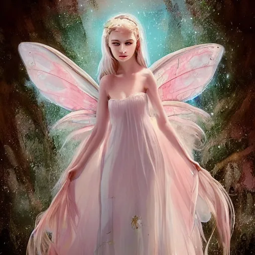 Prompt: a beautiful young girl, full body floating long hyperdetailed dress in pale pink and white, pale, turquoise eyes, curly blond, angel face, pointed ears, roses in her hair, realistic, fairy look, cinematic, trending on art station