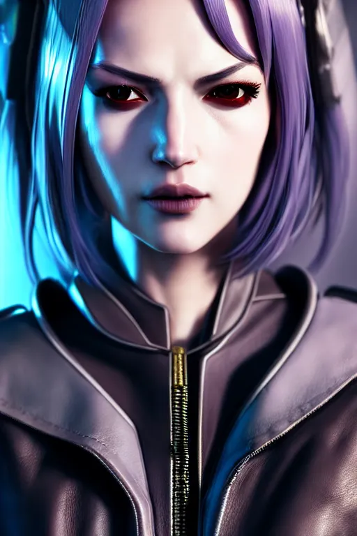 Prompt: hyperdetailed very close portrait of a stunning european woman with grey eyes in a leather suit with a pin in a cyberpunk city inspired by ross tran and wlop and masamune shirow and kuvshinov, concept art, intricate, photorealistic, octane render, rtx, hdr, unreal engine, dnd digital art by artgerm