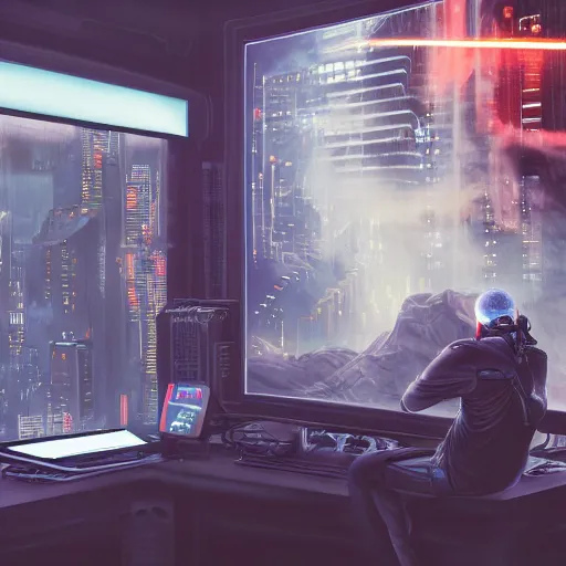 Image similar to a matte painting of a cyborg touching a computer screen, cyberpunk, surrounded by smoke, award-winning art, highly creative, hyperrealistic, highly-detailed, by Sam Spratt, by Vlad Rodrig﻿u﻿e﻿z, computer screens in the background, trending on Artstation, dark, dramatic, cinematic, realistic studio lighting, realistic reflections, 4k, professional, canon