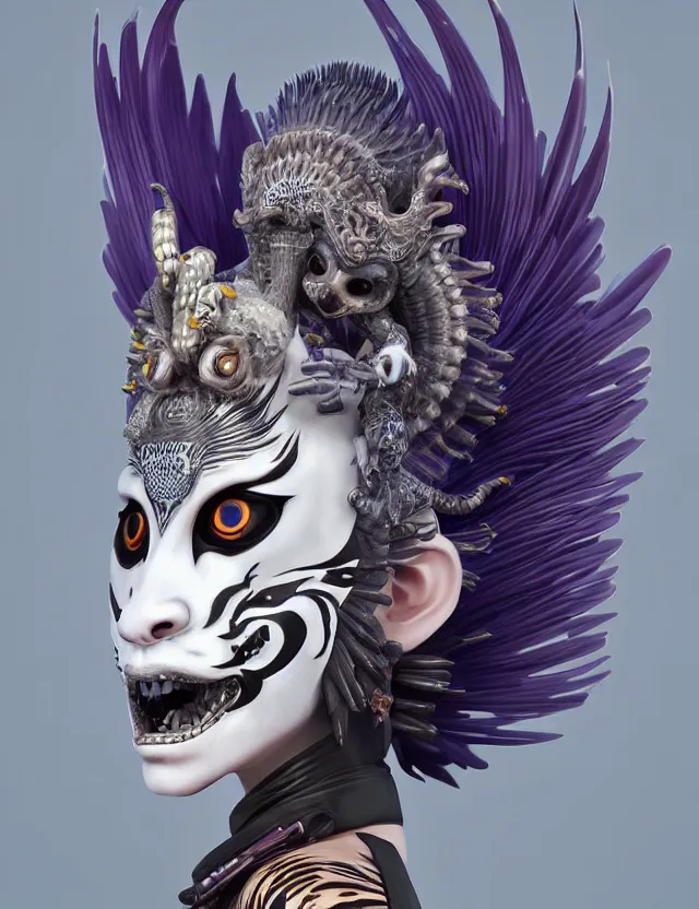 Image similar to 3 d goddess close - up profile simple portrait punk with mohawk with tiger skull. beautiful intricately detailed japanese crow kitsune mask and clasical japanese kimono. betta fish, jellyfish phoenix, bio luminescent, plasma, ice, water, wind, creature, artwork by tooth wu and wlop and beeple and greg rutkowski