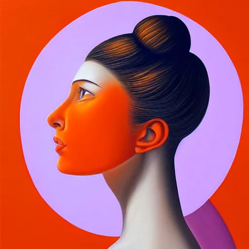 Prompt: a painting of a beautiful woman!!! wearing orange, an ultrafine detailed painting by rafal olbinski, behance contest winner, pop surrealism, detailed painting, very detailed, minimalist, airbrush art