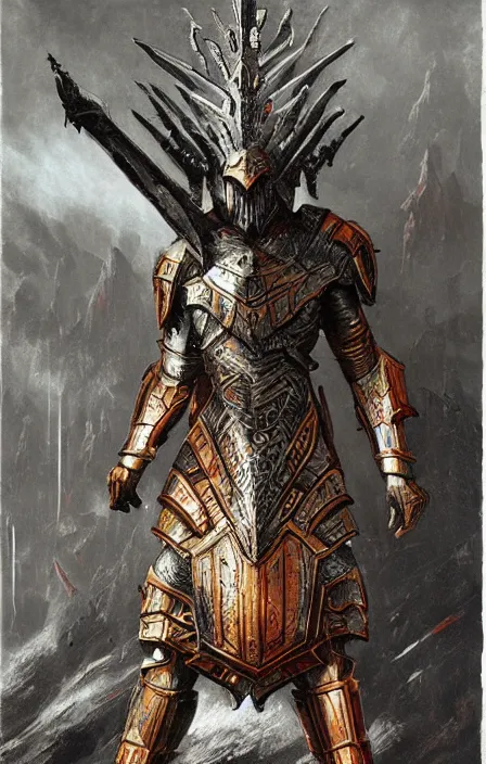 Image similar to thunder overlordconcept, wearing thunder armor, ancient greek ornamented armor, beksinski, weta workshop concept art