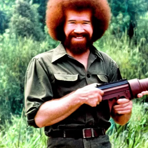 Image similar to bob ross holding a china - lake grenade launcher in the vietnam war