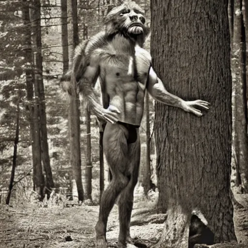 Image similar to human wolf werecreature, wolf torso, photograph captured at woodland creek