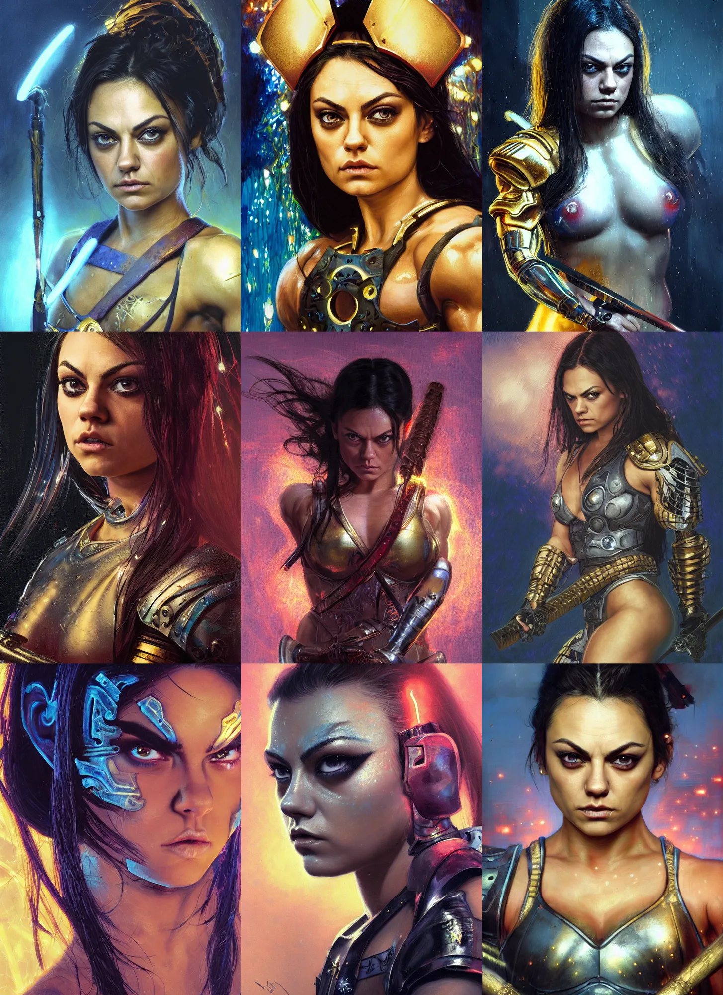 Image similar to bodybuilder mila kunis closeup portrait of a beautiful biblical diabolical samurai girl looking into the camera holding a sword, cyborg neon lit armor, foggy fireflies, cinematic studio light, golden hour, gerald brom, mikhail vrubel, peter elson, muted pastel colors, extreme detail, light rain, trending on artstation, 8 k