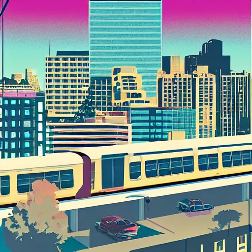 Prompt: retrowave by richard mcguire, by tiago haseltine churning. a mixed mediart of a cityscape. the mixed mediart shows a view from an elevated train line of the city below.