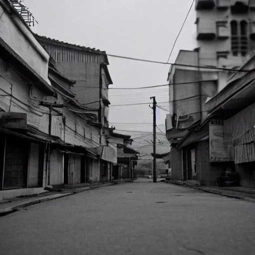 Image similar to 1950s Korean thriller film noir, a view of Shin Sang-ok in the middle of an empty scene, 35mm film, Cooke Varotal 20-100 T3.1