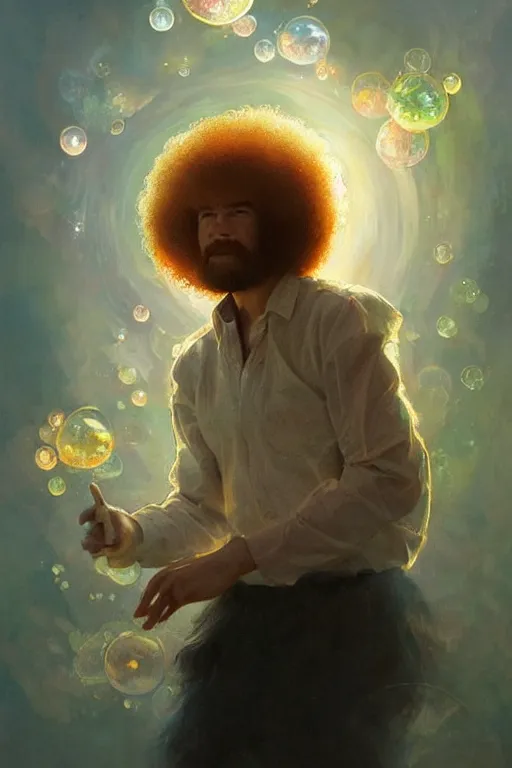 Image similar to bob ross, dreamy and ethereal,, fantasy, intricate, elegant, rainbow bubbles, highly detailed, digital painting, artstation, concept art, smooth, sharp focus, illustration, art by artgerm and greg rutkowski and alphonse mucha