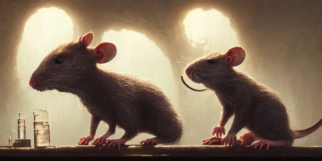 Image similar to highly realistic intricate rat standing on a desk in a laboratory with lots of flasks filled with magic liquids and poisonous fog, stephen bliss, unreal engine, fantasy art by greg rutkowski, loish, rhads, ferdinand knab, ilya kuvshinov, rossdraws, tom bagshaw, global illumination, radiant soft light, detailed and intricate environment