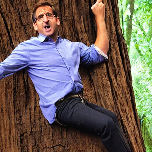 Prompt: steve carrell climbing a giant redwood tree with his claws