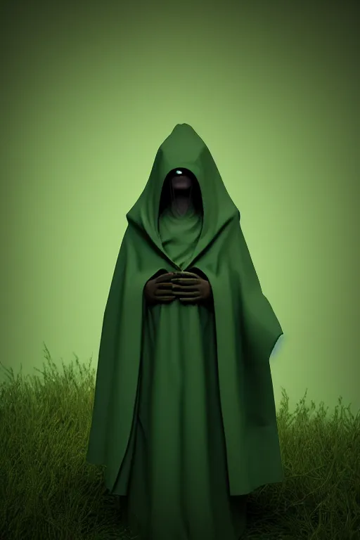 Image similar to A cute shaman with no nose, glowing eyes and a very long hooded dark green cloak of leaves by Vivien Lulkowski and Julien Kaspar, 3D render, stylized, Cycles Render