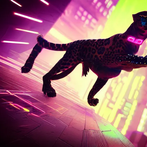 Image similar to a neon cyberpunk cyborg jaguar animal pouncing, octane render