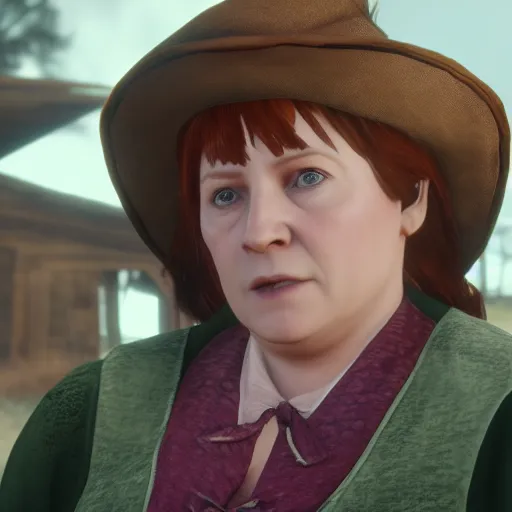 Prompt: Film still of Molly Weasley, from Red Dead Redemption 2 (2018 video game)