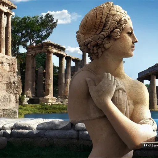 Prompt: young ancient greek godess in helmet, giant gray-haired bearded male head in background, ancient greek temple in background, by David Ligare, wide angle landscape, award winning masterpiece with incredible details, epic stunning, infinity pool, highly detailed, trending on ArtStation, artgerm and greg rutkowski and alphonse mucha, IAMAG, broken giant marble head statue ruins, golden hour