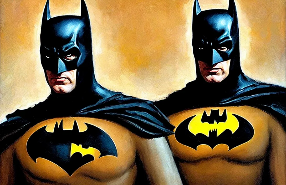 Image similar to portrait of 1 9 6 0's batman!!!!!!!!!!!!!!!!!!!!!!!!!!!, detailed face, detailed painting,, epic lighting, by ilya repin, phil hale and kent williams