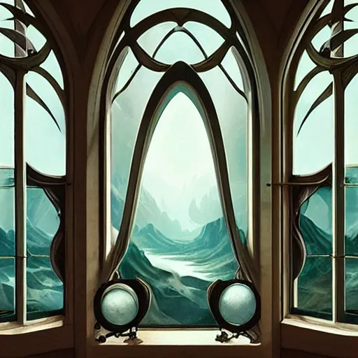 Prompt: beautiful full size large window with four panes, four yearseason is represented by peter mohrbacher, art nouveau, landscape, cinematic