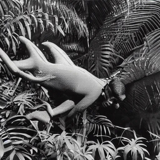 Prompt: a rizom lost film footage of a 3 d shape in the middle of the tropical jungle / tropicalism / tropicalism / tropicalism / film still / cinematic / enhanced / 1 9 2 0 s / black and white / grain