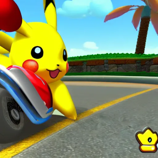 Image similar to Pikachu in Mario Kart, screenshot,