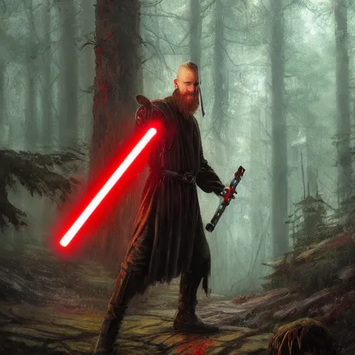 Prompt: Floki wielding a red lightsaber, by Greg Rutkowski and Thomas Kinkade, trending on artstation 4k, forest background.