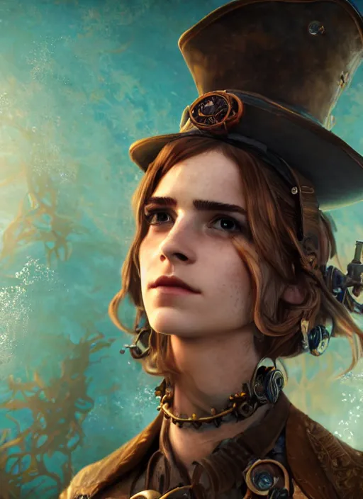 Prompt: underwater steampunk pirate cowboy portrait of emma watson, hyper detailed, digital art, cinematic lighting, studio quality, smooth render, unreal engine 5, octane rendered, art style by klimt and nixeu and ian sprigger and wlop and krenz cushart.