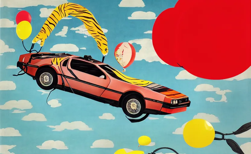 Prompt: a red delorean and a yellow tiger, painting by hsiao - ron cheng, utagawa kunisada & salvador dali, magazine collage style, clouds, ocean, balloons