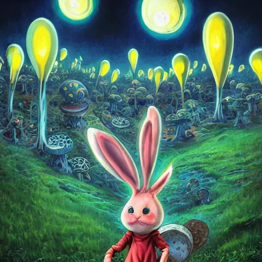 Image similar to 4 k headshot portrait of a psychedelic demonic anthropomorphic bunny rabbit with mushroom themed clothes, magic mushroom village in background by jeff easley, award winning, stylized neon, post - processing, masterpiece, superb resolution. in the art style of junji ito and greg rutkowski. detailed mushroom city in background. hyper realistic anime. perfect art. dalle 2