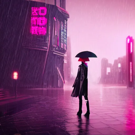 Image similar to ciberpunk city of the future, blade runner style, octane render, digital art, rain, beautiful girl with umbrella wearing a clear raincoat , pink hair, cinematic, 8k, very intricate, 80's, night time,