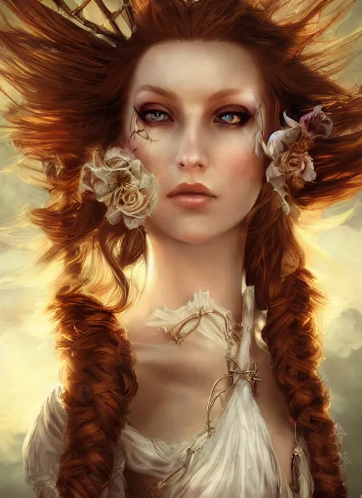 Image similar to a beautiful woman pirate clothes, 8 k, sensual, hyperrealistic, hyperdetailed, beautiful face, long ginger hair windy, dark fantasy, fantasy portrait by laura sava