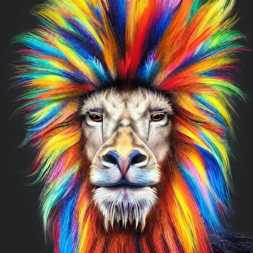 Prompt: portrait of a cute fluffy ostrich with long colorful flowing lion mane with mohawk hairstyle hybrid animal detailed painting 4 k