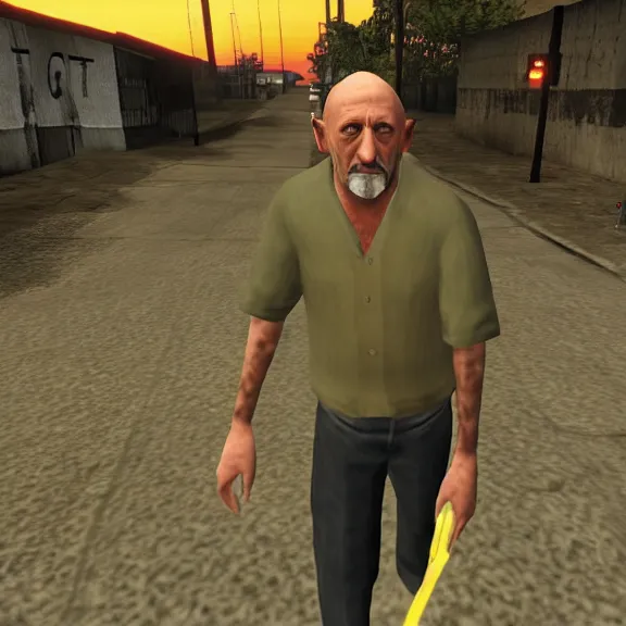 Image similar to Mike Ehrmantraut in Los Santos, screenshot from the PS2 version of GTA San Andreas, orange sky