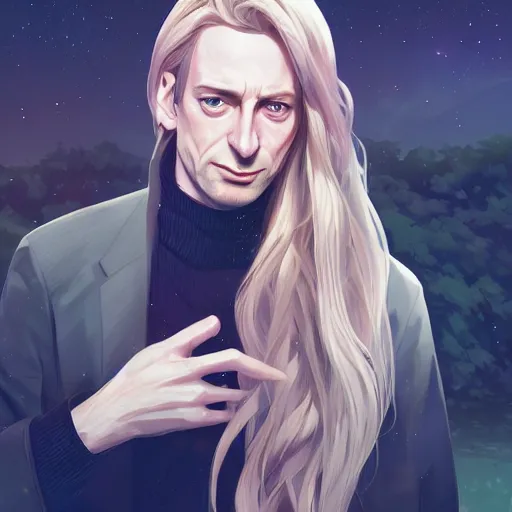 Image similar to portrait of Neil Gaiman with beautiful long pale blond hair, night time, ambient lighting, 4k, anime key visual, lois van baarle, ilya kuvshinov, rossdraws, artstation